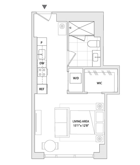 Floor plan for studio, 1 bath, 512 sqft